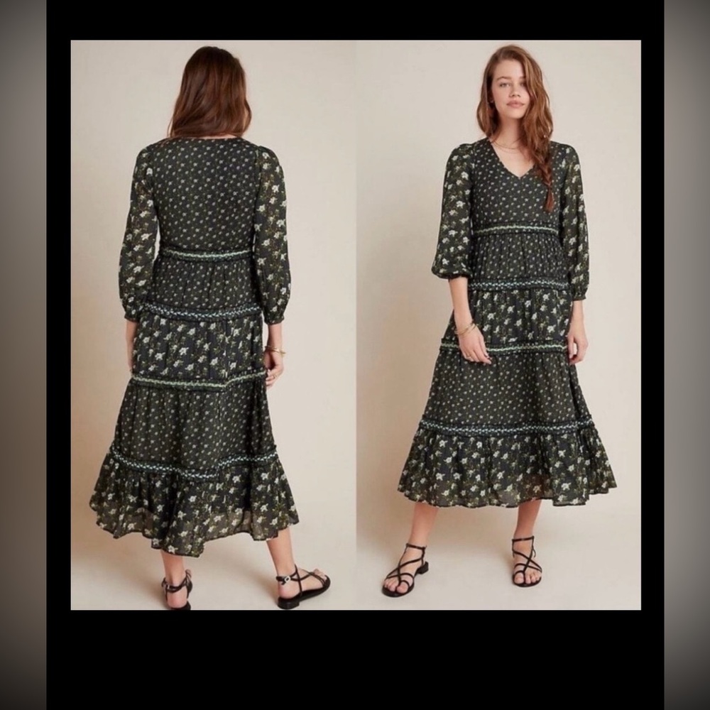 Anthropologie Karoline Midi Dress Cotton Tiered Floral Black & Green Size 4P NWT
